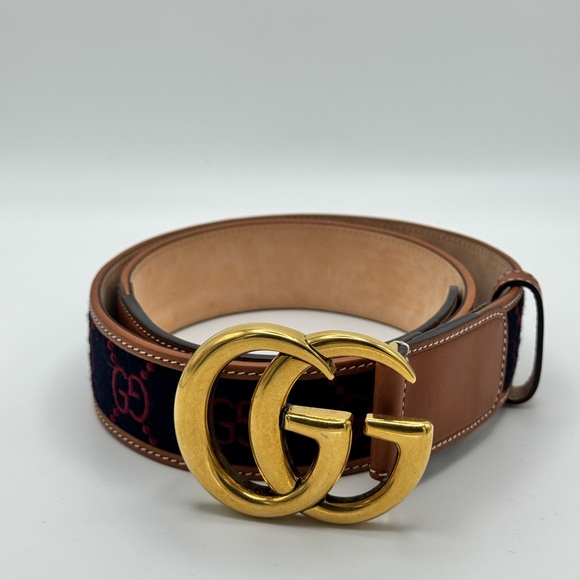 Gucci Tan and Navy Belt with Gold GG Buckle - Picture 1 of 6